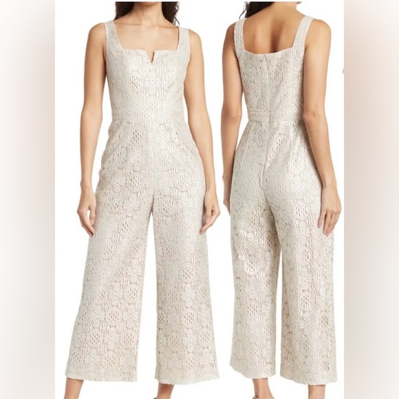 Trina Turk Adventure Boardwalk Lace Sleeveless Cropped Jumpsuit Silver Sz 6 NWT - Picture 1 of 10